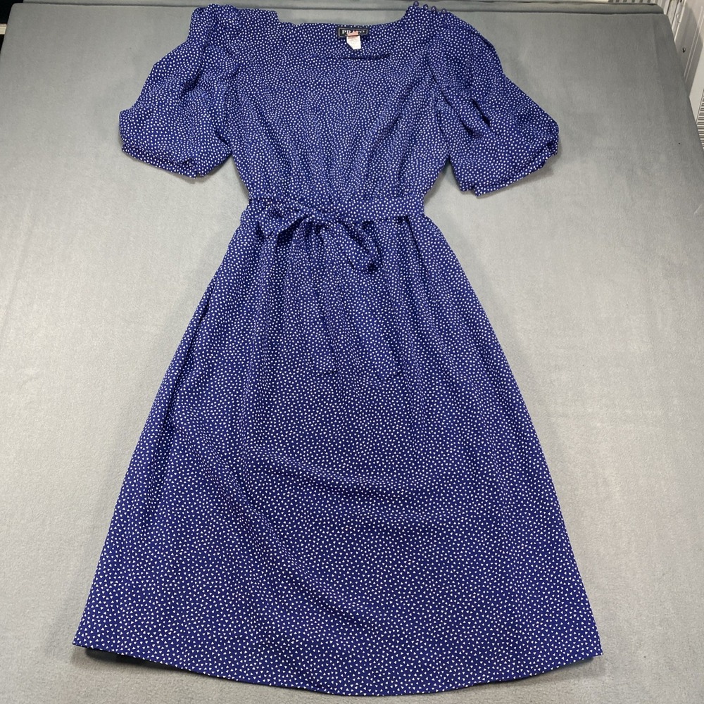 Vintage 80-90s Prato Womens Midi Dress Blue Geometric Puff Sleeves Retro XL USA